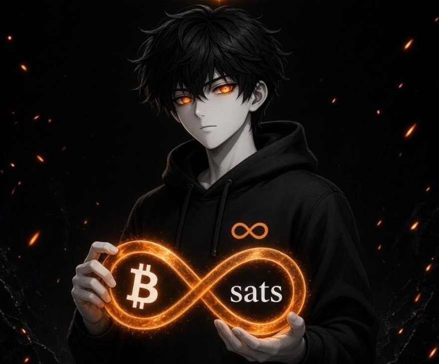 EUBS mascot, a black-haired figure with ember eyes holding a glowing infinity of bitcoin and sats